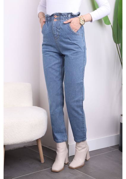 Mavi Bel Lastikli Mom Jeans Pantolon fırsatları
