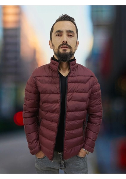 Erkek Yan Lastik Detaylı Cepli Jel Dolgulu Bordo Spor Sişme Mont