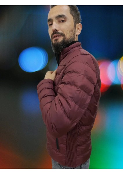 Erkek Yan Lastik Detaylı Cepli Jel Dolgulu Bordo Spor Sişme Mont modelleri