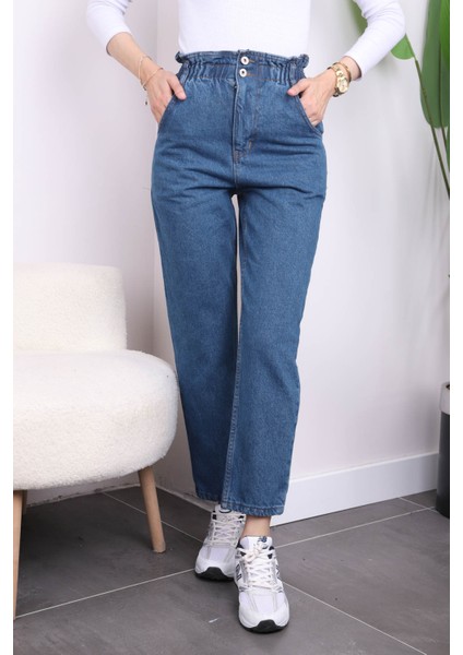 Koyu Mavi Bel Lastikli Mom Jeans Pantolon