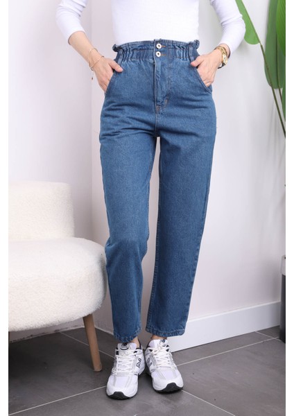 Koyu Mavi Bel Lastikli Mom Jeans Pantolon fiyatları