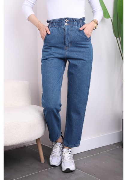 Koyu Mavi Bel Lastikli Mom Jeans Pantolon modelleri