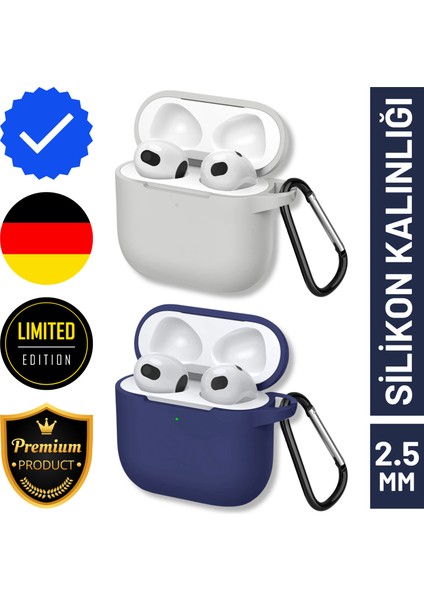 İkili Set | 4. Nesil Uyumlu Açık Gri ve Lacivert Premium Silikon Kulaklık Kılıfı - 2.5 mm Kalınlık