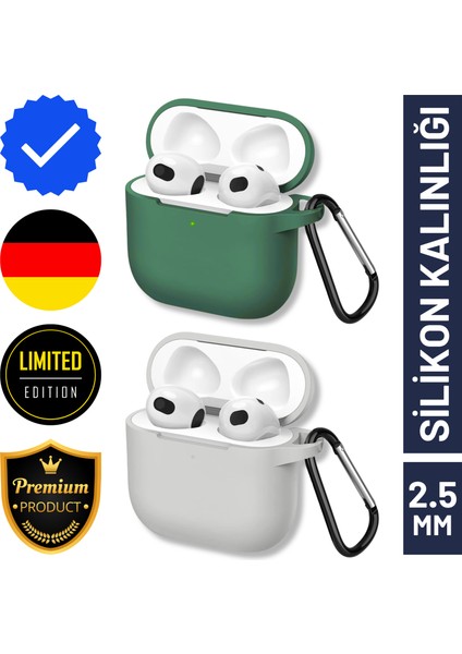İkili Set | 4. Nesil Uyumlu Haki ve Açık Gri Premium Silikon Kulaklık Kılıfı - 2.5 mm Kalınlık