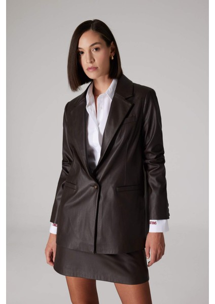 X Sorbe OversizeGeniş Kalıp Ceket Yaka Suni Deri Düğmeli Blazer Ceket D9714AX24AU