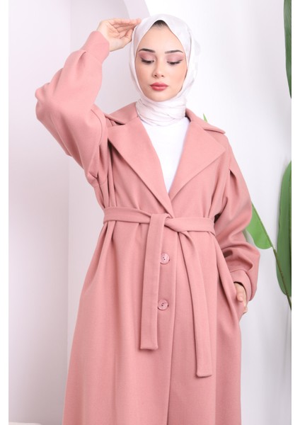 Pembe Kuruvaze Yaka Kaşe Kaban