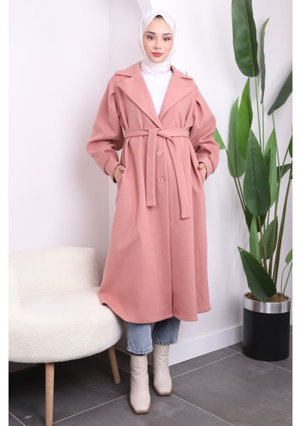 Pembe Kuruvaze Yaka Kaşe Kaban