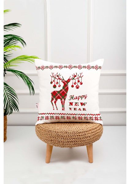 Yılbaşı Temalı Beyaz Zemin Üzerinde Kırmızı Geyik Desenli Dijital Baskılı Kırlent Yastık Kılıfı fiyatları