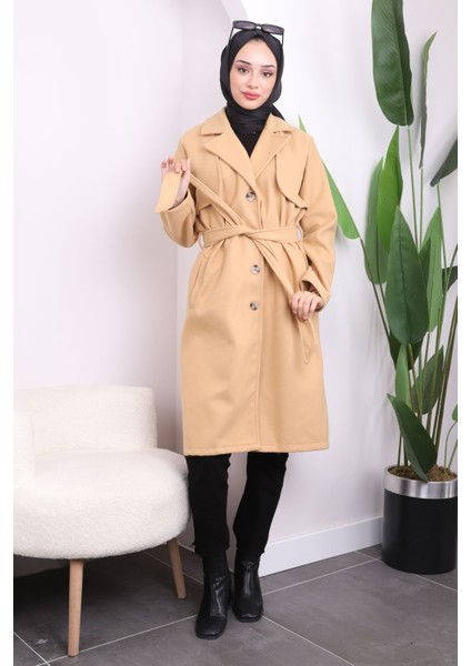 Koyu Bej Bel Kuşaklı Cepli Kaşe Kaban
