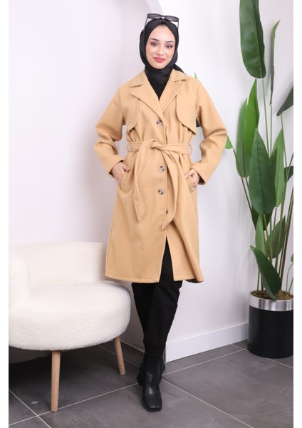 Koyu Bej Bel Kuşaklı Cepli Kaşe Kaban fiyatları