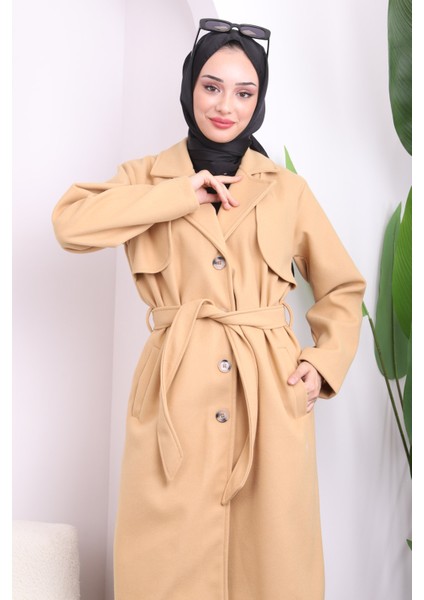 Koyu Bej Bel Kuşaklı Cepli Kaşe Kaban modelleri