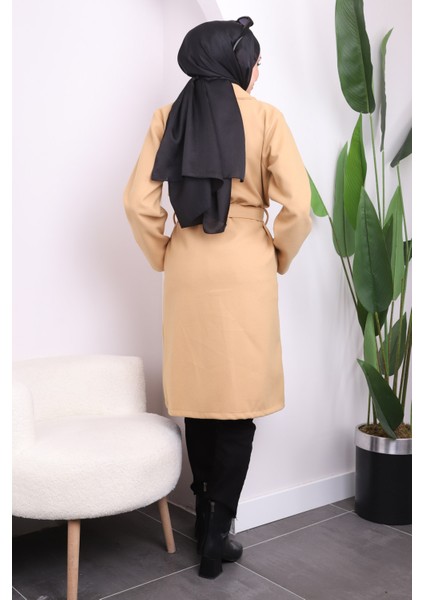 Koyu Bej Bel Kuşaklı Cepli Kaşe Kaban fırsatları