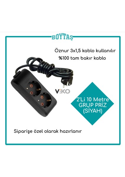2'li 10 Metre Grup Priz-Siyah(Öznur 3*1,5 Kablo Kullanılır)