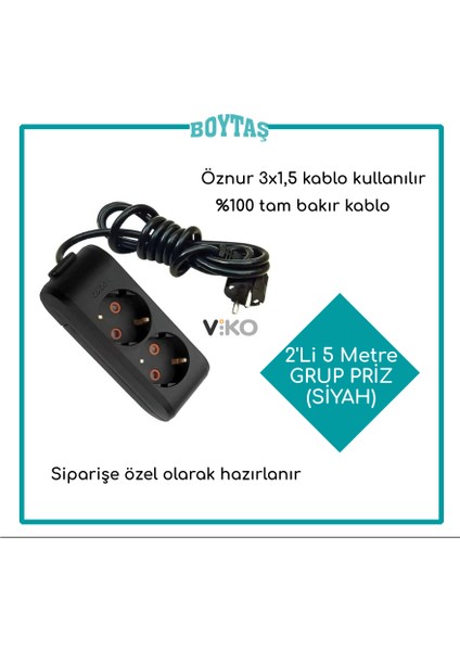 2'li 5 Metre Grup Priz-Siyah(Öznur 3*1,5 Kablo Kullanılır)