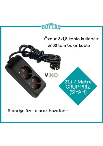 2'li 7 Metre Grup Priz-Siyah(Öznur 3*1,5 Kablo Kullanılır)