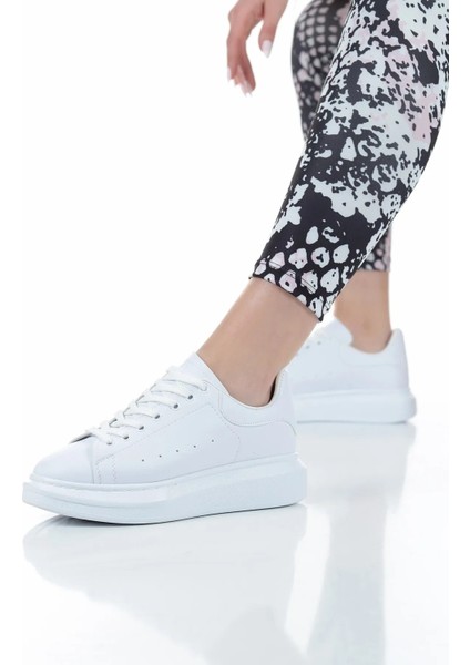 Ortopedik Bayan Düz Beyaz Kalın Taban Sneakers Spor Ayakkabı