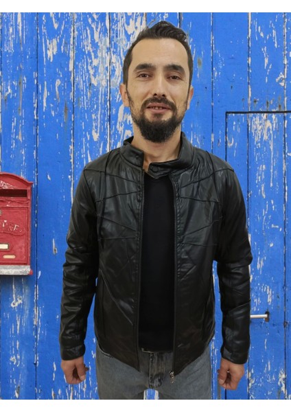 Erkek Motorcu Siyah Deri Mont&ceket