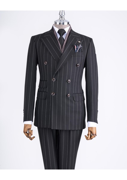 Italyan Stil Kruvaze Ceket Pantolon Takım Elbise Siyah T13300