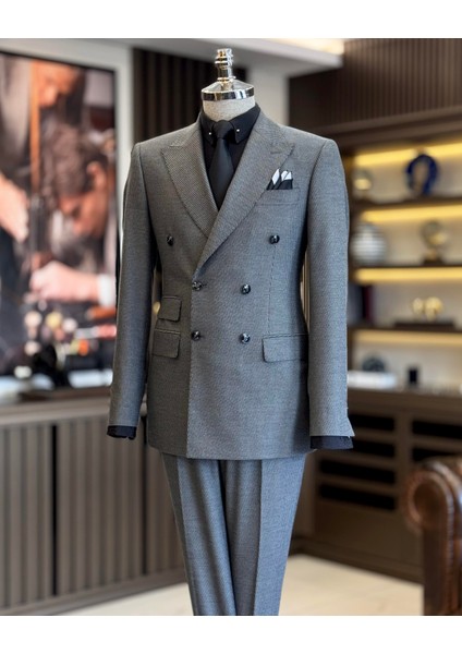 Italyan Stil Slim Fit Kruvaze Ceket Pantolon Takım Elbise Gri T12999