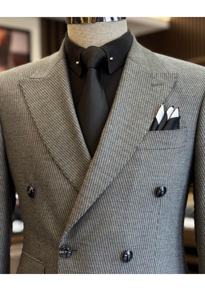 Italyan Stil Slim Fit Kruvaze Ceket Pantolon Takım Elbise Gri T12999 fiyatları