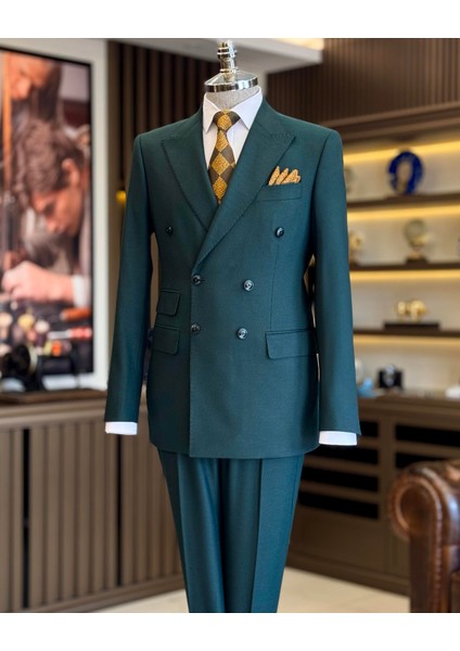 Italyan Stil Slim Fit Kruvaze Ceket Pantolon Takım Elbise Yeşil T13001