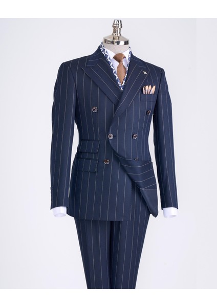 Italyan Stil Kruvaze Ceket Pantolon Takım Elbise Lacivert T13301