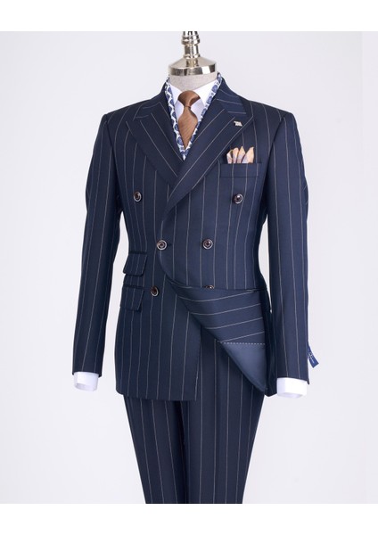 Italyan Stil Kruvaze Ceket Pantolon Takım Elbise Lacivert T13301