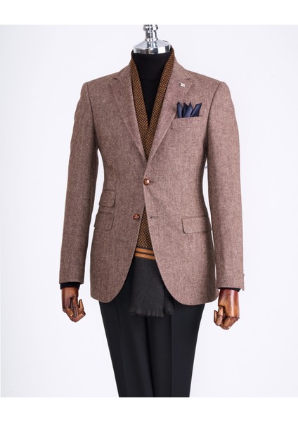 Italyan Stil Slim Fit Mono Yaka Erkek Tek Ceket Kahverengi T13347