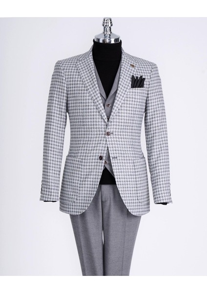 Italyan Stil Slim Fit Erkek Kombin Ceket Yelek Pantolon Takım Elbise Gri T13075
