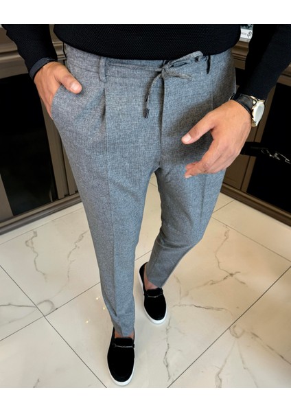 Italyan Stil Slim Fit Erkek Beli Bağcıklı Pantalon Gri T13177