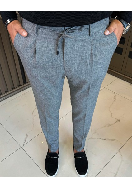 Italyan Stil Slim Fit Erkek Beli Bağcıklı Pantalon Gri T13177 modelleri