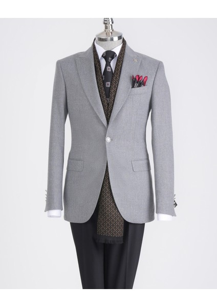 Italyan Stil Slim Fit Sivri Yaka Erkek Ceket Gri T13241