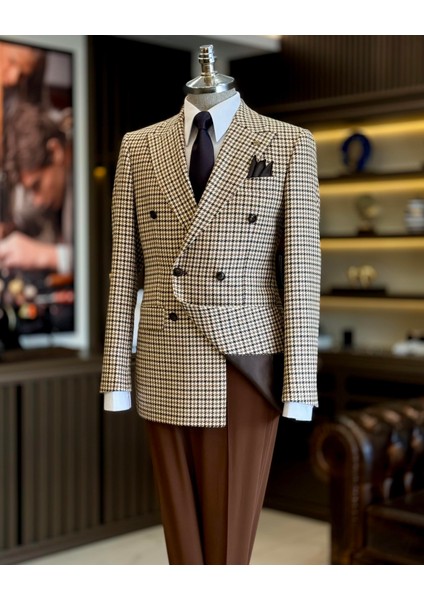 Italyan Stil Slim Fit Kazayağı Desen Kruvaze Erkek Ceket Kahverengi T13050