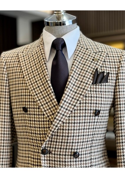 Italyan Stil Slim Fit Kazayağı Desen Kruvaze Erkek Ceket Kahverengi T13050 fiyatları