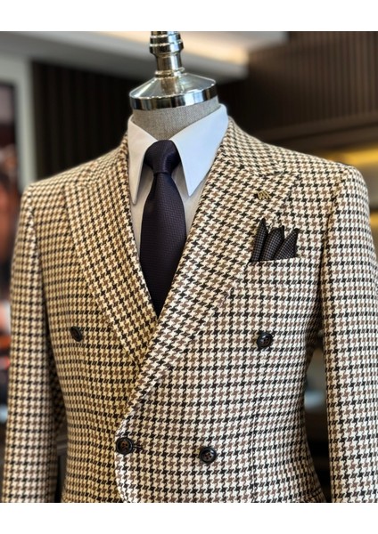 Italyan Stil Slim Fit Kazayağı Desen Kruvaze Erkek Ceket Kahverengi T13050 fırsatları