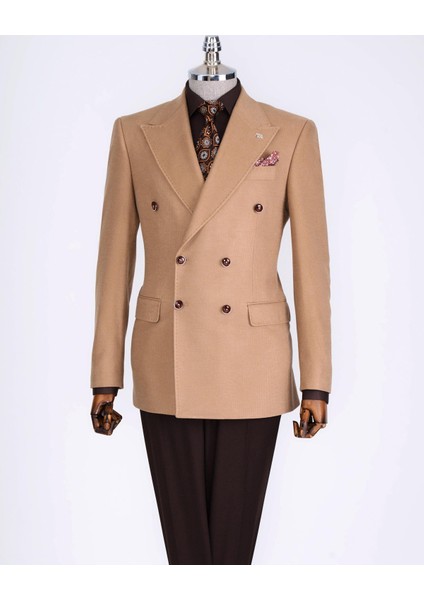 Italyan Stil Slim Fit Kadife Erkek Tek Ceket Camel T13183