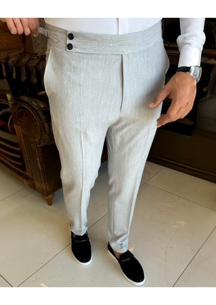 Italyan Stil Slim Fit Gofre Kumaş Bel Detaylı Erkek Pantolon Gri T12618