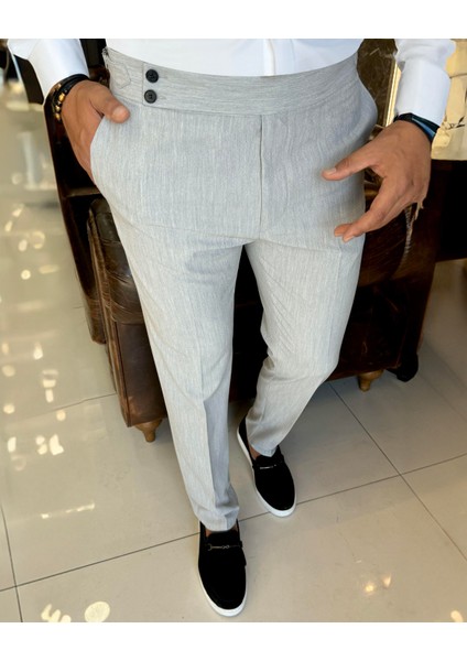 Italyan Stil Slim Fit Gofre Kumaş Bel Detaylı Erkek Pantolon Gri T12618 modelleri