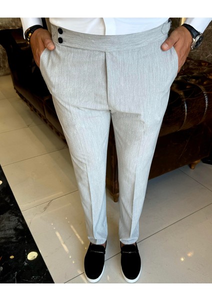 Italyan Stil Slim Fit Gofre Kumaş Bel Detaylı Erkek Pantolon Gri T12618 fırsatları