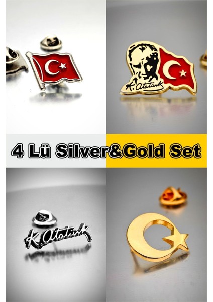 4 Lü Yaka Rozeti Silver&gold Set