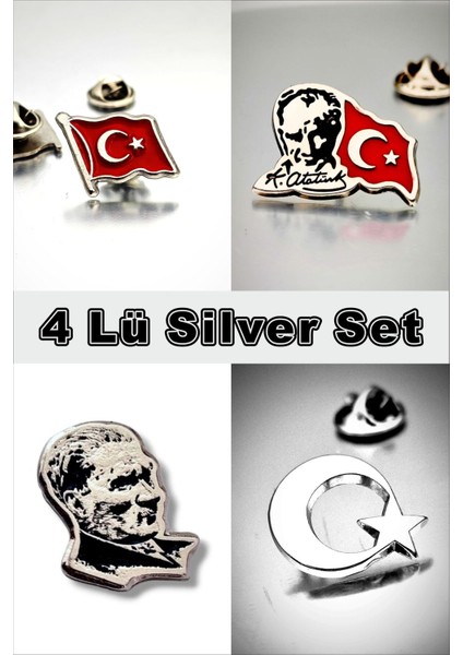 4 Lü Yaka Rozeti Silver Set