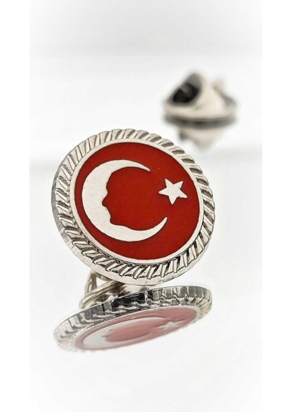 Türk Bayrağı Atatürk Siluetli Gümüş Mineli Yaka Rozeti