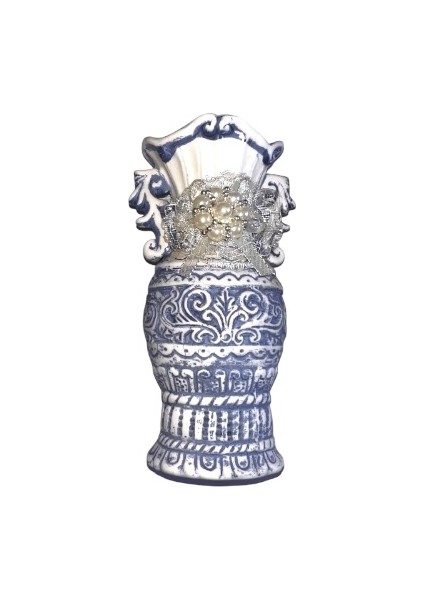 Kabartmalı Dantelli ve Boncuklu El Işleme Vazo