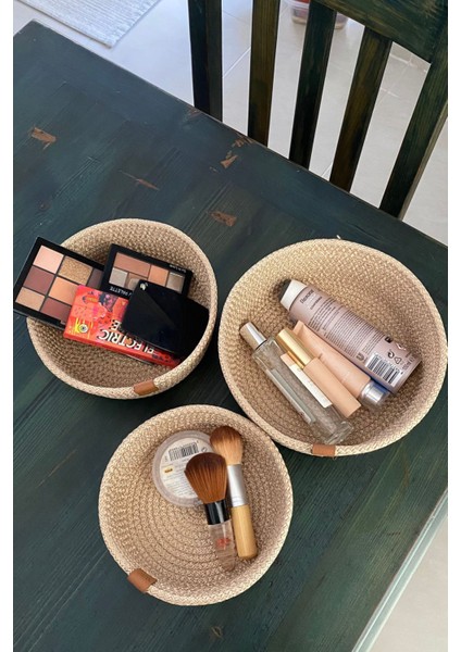 Çok Amaçlı 3lü Sepet, Jüt Ip Örme Sepet, Dekoratif Sepet Set, Hasır Sepet Set