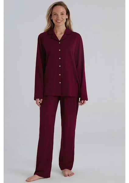 31800 Bordo Pamuklu Önden Düğmeli Kadın Pijama Takımı
