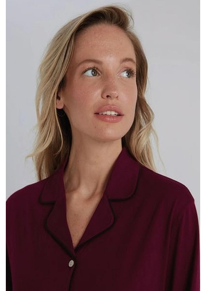 31800 Bordo Pamuklu Önden Düğmeli Kadın Pijama Takımı modelleri