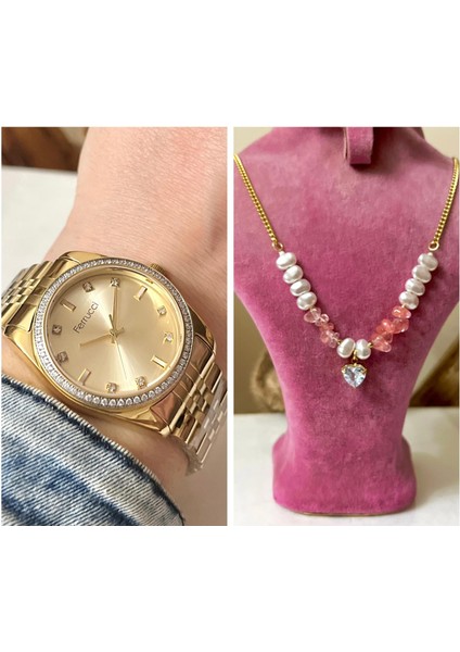 Çelik Taşlı Şık Kadın Kol SAATI+%100 Çelik Kolye Hediye fiyatları