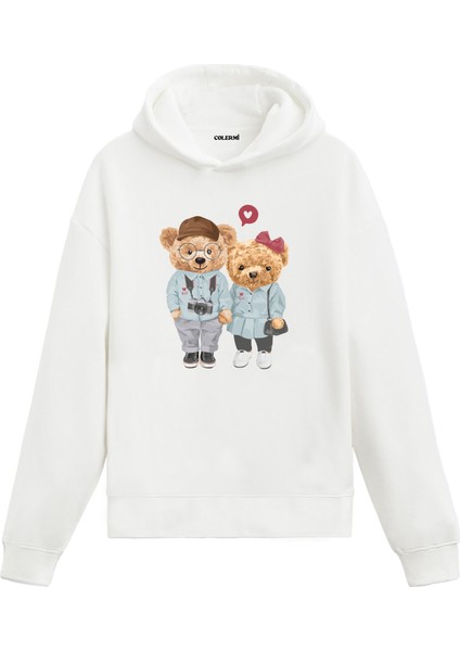 Sevimli Çift Ayıcıklar Tasarım Pamuklu Normal Kesim Sanatçı Hoodie Sevgili Kombini Sevgiliye Baskılı Kapşonlu Sweatshirt