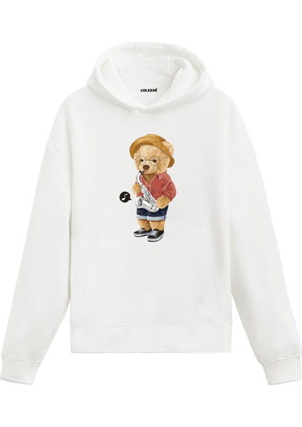 Saksafoncu Ayıcık Tasarım Pamuklu Normal Kesim Sanatçı Hoodie Sevgili Kombini Sevgiliye Baskılı Kapşonlu Sweatshirt