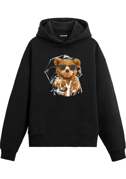 Şık Yağmurluklu Ayıcık Tasarım Pamuklu Normal Kesim Sanatçı Hoodie Sevgili Kombini Sevgiliye Baskılı Kapşonlu Sweatshirt